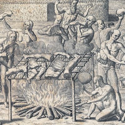 GERMANY - CIRCA 2003: Cannibalism of the tribes in the interior of Brazil, engraving from American History by Theodore de Bry (1528-1598), Frankfurt, 1602. South America, 16th century. Venice, Biblioteca Nazionale Marciana (National Library) (Photo by DeAgostini/Getty Images)