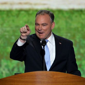 Former Virginia Governor Tim Kaine makes a point during his speech at the Time Warner Cable Arena in Charlotte, North Carolina, on September 4, 2012 on the first day of the Democratic National Convention (DNC). The DNC is expected to nominate US President Barack Obama to run for a second term as president.