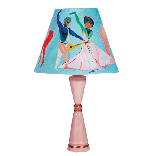 Voutsa x Sasha Bikoff 1970s iridescent table lamps with custom Voutsa “Ballets Russes” shades