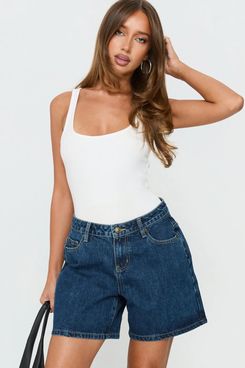 Princess Polly Dreamful Relaxed Longline Denim Shorts Mid Blue Wash