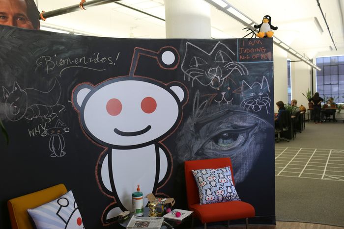 A Reddit mascot is shown at the company’s headquarters in San Francisco