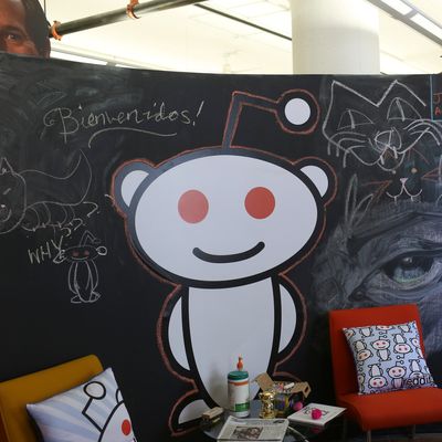 A Reddit mascot is shown at the company's headquarters in San Francisco