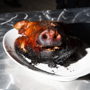 Roasted Pig's head at the Vice x Art Basel dinner at the Mondrian.