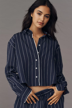 Maeve Pinstripe Silky Buttondown Crop Top