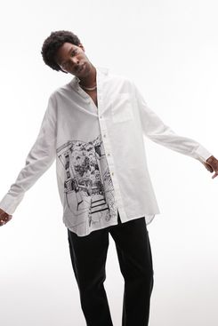 Topman Extreme Oversize Embroidered Cotton & Linen Button-Up Shirt