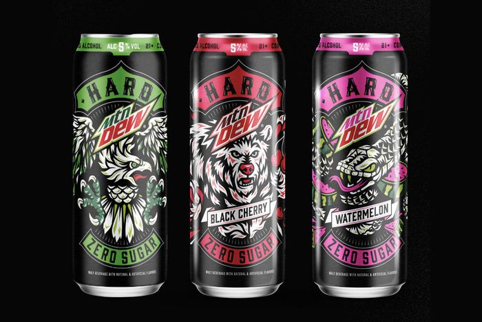 Three cans of Hard MTN Dew in plain, black cherry, and watermelon flavors.