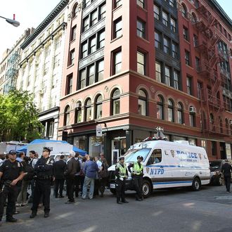 NEW YORK, NY - APRIL 19: New York City police officers watch over a crime scene where investigators searched for evidence of a six year-old boy who has been missing for 33 years April 19, 2012 in New York City. New York City police and F.B.I. investigators searched the basement of a building in New York's SoHo neighborhood for evidence of Etan Patz, a six year-old boy who disappeared 33 years ago on May 25, 1979. (Photo by Justin Sullivan/Getty Images)