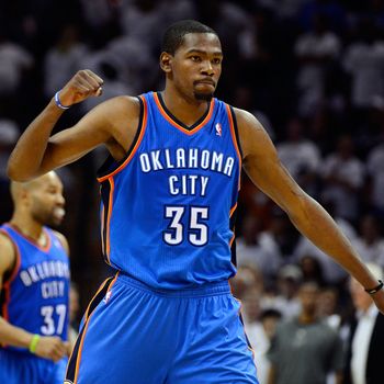 Kevin Durant #35 of the Oklahoma City Thunder celebrates late in the game after hit a free throw against the San Antonio Spurs in Game Five of the Western Conference Finals of the 2012 NBA Playoffs at AT&T Center on June 4, 2012 in San Antonio, Texas.