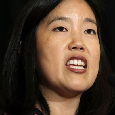 WASHINGTON - OCTOBER 13: District of Columbia Public Schools Chancellor Michelle Rhee speaks during a news conference October 13, 2010 at Mayflower Hotel in Washington, DC. Rhee has announced her decision to step down from her position and Mayor Adrian Fenty has picked Deputy Public Schools Chancellor Kaya Henderson to become the interim chancellor. (Photo by Alex Wong/Getty Images) *** Local Caption *** Michelle Rhee