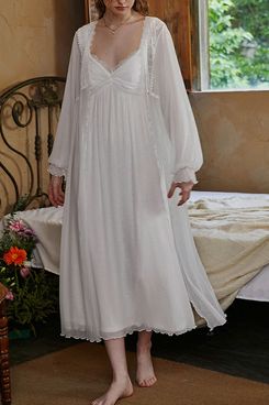 Slessic Romantic Mesh Lace Robe Slip Nightgown Set