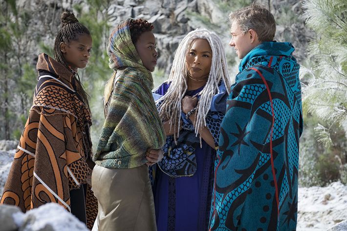Letitia Wright, Lupita Nyong'o and Angela Bassett in Black Panther.