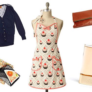 Clockwise from left: Jacy Cardigan by Tory Burch, Baker's Delight Apron, Foldover Clutch by Clare Vivier, Love, Chloé, and Antique Kimono Silk Scarves.