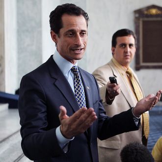 WASHINGTON - MAY 31: U.S. Rep. Anthony Weiner (D-NY) speaks to the media regarding a lewd photo tweet May 31, 2011 on Capitol Hill in Washington, DC. A close-up photo of underwear of a man was tweeted from Weiner’s Twitter account addressed to a college student in Seattle. The photo was deleted soon after and Weiner has claimed his account was hacked. (Photo by Alex Wong/Getty Images)