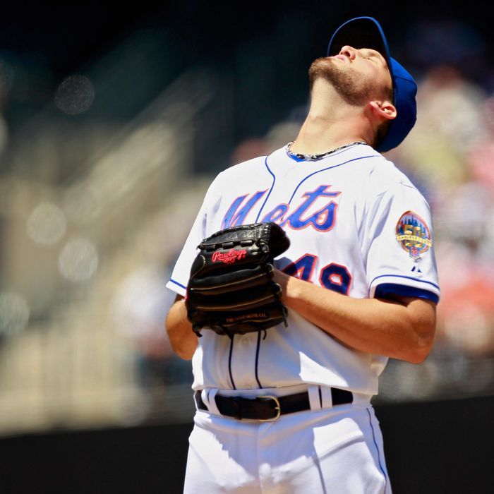 Jonathon Niese #49 of the New York Mets stretches before the first pitch of the game against the Los Angeles Dodgers at CitiField