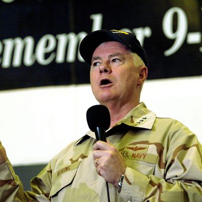 U.S. Navy Vice Admiral Timothy Keating, Commander of the Navy's Fifth Fleet, addresses the sailors of the U.S.S. Constellation in the aircraft hangar March 19, 2003 in the Persian Gulf. The Vice Admiral rallied sailors aboard the Constellation as the U.S. prepares to go to war against Iraq. 