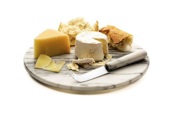 RSVP Endurance White Marble Cheese Board and Stainless Steel 7.5 Inch Cheese Knife