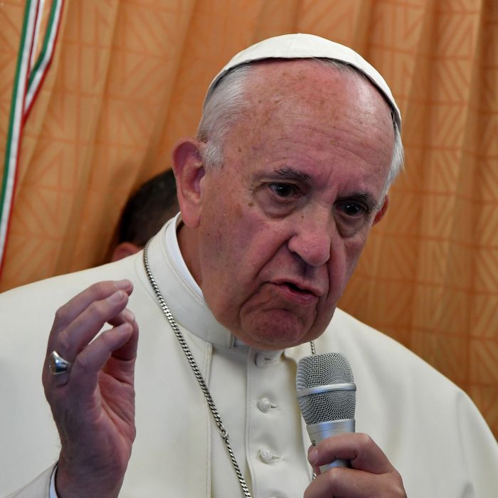 Pope Francis during his press conference aboard the papal plane.