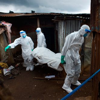  Members of a burial team remove the body of a 30-year-old man from the Race Course area in Freetown, Sierra Leone, on Tuesday, November 25, 2014. 