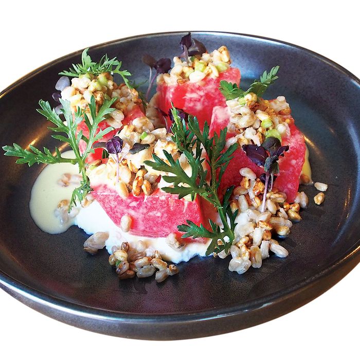 Watermelon garnished with ricotta, crispy farro, and chrysanthemum.