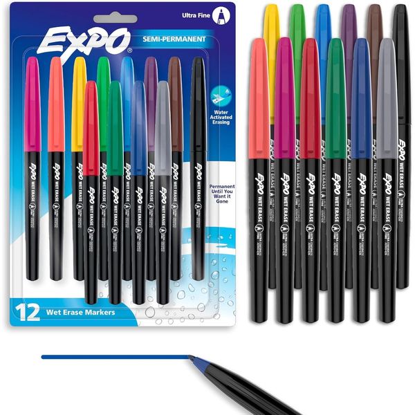 EXPO Wet-Erase Markers, Ultra Fine Tip, 12 Count