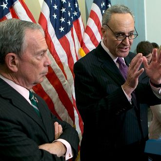 WASHINGTON, DC - NOVEMBER 28: New York City Mayor Michael Bloomberg (L) holds a press conference with U.S. Sen. Charles Schumer (D-NY) (C) and U.S. Sen. Kirsten Gillibrand (D-NY) (R) at the U.S. Capitol November 28, 2012 in Washington, DC. Bloomberg and the two senators from New York met to discuss New York City's Hurricane Sandy Federal Aid Request. (Photo by Win McNamee/Getty Images)