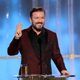 BEVERLY HILLS, CA - JANUARY 15: In this handout photo provided by NBC, host Ricky Gervais onstage during the 69th Annual Golden Globe Awards at the Beverly Hilton International Ballroom on January 15, 2012 in Beverly Hills, California. (Photo by Paul Drinkwater/NBC via Getty Images)