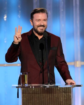 BEVERLY HILLS, CA - JANUARY 15: In this handout photo provided by NBC, host Ricky Gervais onstage during the 69th Annual Golden Globe Awards at the Beverly Hilton International Ballroom on January 15, 2012 in Beverly Hills, California. (Photo by Paul Drinkwater/NBC via Getty Images)