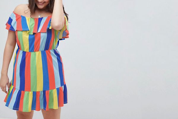 ASOS DESIGN Curve off shoulder sundress with tiered skirt in rainbow stripe