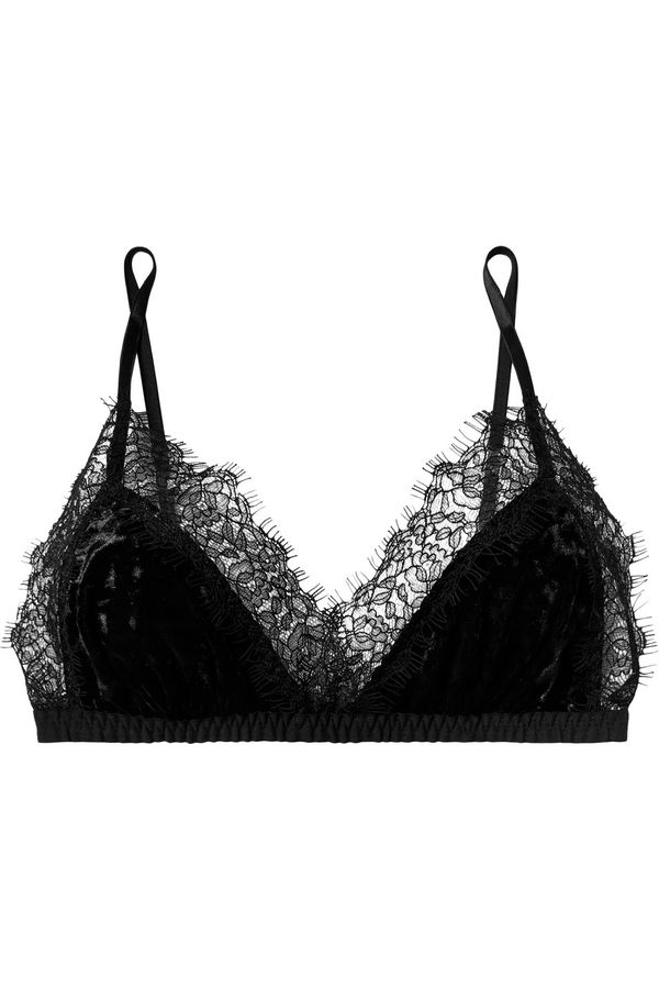 Hanky Panky Luxe Panne Leavers lace-trimmed stretch-velvet soft-cup triangle bra