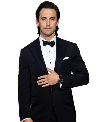 Milo Ventimiglia wearing Navy Cardigan, White Henley Shirt, Black