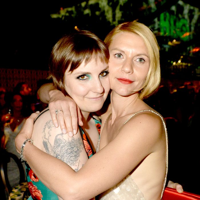 LOS ANGELES, CA - SEPTEMBER 22: Filmmaker Lena Dunham (L) and actress Claire Danes attend HBO's official Emmy after party in The Plaza at the Pacific Design Center on September 22, 2013 in Los Angeles, California. (Photo by Jeff Kravitz/FilmMagic)