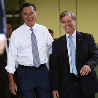 STERLING, VA - JUNE 27: Republican Presidential candidate, former Massachusetts Governor Mitt Romney (L) arrives with Virginia Gov. Bob McDonnell (R) during a campaign event at the Electronic Instrumentation and Technology company June 27, 2012 in Sterling, Virginia. A recent poll released today shows Romney leading U.S. President Barack Obama in the critical swing state of Virginia by a margin of 5 percentage points. (Photo by Win McNamee/Getty Images)