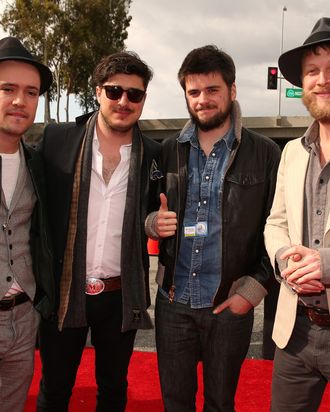 LOS ANGELES, CA - FEBRUARY 10: (L-R) Musicians Ben Lovett, Marcus Mumford, 'Country' Winston Marshall and Ted Dwane of Mumford & Sons attends the 55th Annual GRAMMY Awards at STAPLES Center on February 10, 2013 in Los Angeles, California. (Photo by Christopher Polk/Getty Images for NARAS)