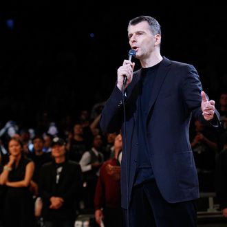 Brooklyn Nets Owner Mikhail Prokhorov speaks to the crowd prior to the game between the Brooklyn Nets and the Chicago Bulls during Game One of the Eastern Conference Quarterfinals of the 2013 NBA Playoffs at Barclays Center on April 20, 2013 in New York City. 