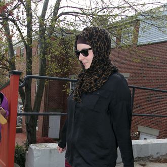 Katherine Russell, right, wife of Boston Marathon bomber suspect Tamerlan Tsarnaev, leaves the law office of DeLuca and Weizenbaum Monday, April 29, 2013, in Providence, R.I. (AP Photo/Stew Milne)