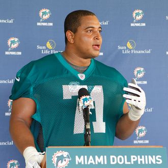 DAVIE, FL - MAY 4: Jonathan Martin #71 of the Miami Dolphins talks ot the media after the rookie minicamp on May 4, 2012 at the Miami Dolphins training facility in Davie, Florida. (Photo by Joel Auerbach/Getty Images)