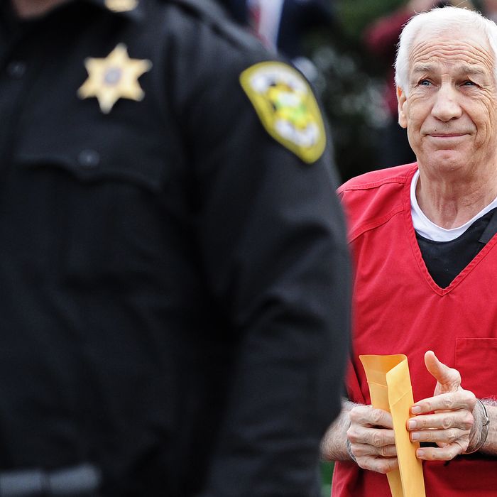 BELLEFONTE, PA - OCTOBER 09: Former Penn State assistant football coach Jerry Sandusky walks into the Centre County Courthouse before being sentenced in his child sex abuse case on October 9, 2012 in Bellefonte, Pennsylvania. Sandusky faces more than 350 years in prison for his conviction in June on 45 counts of child sexual abuse, including while he was the defensive coordinator for the Penn State college football team. (Photo by Patrick Smith/Getty Images)