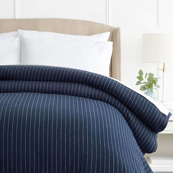 Pinzon 160 Gram Pinstripe Flannel Cotton Duvet Cover, Full / Queen, Navy Pinstripe