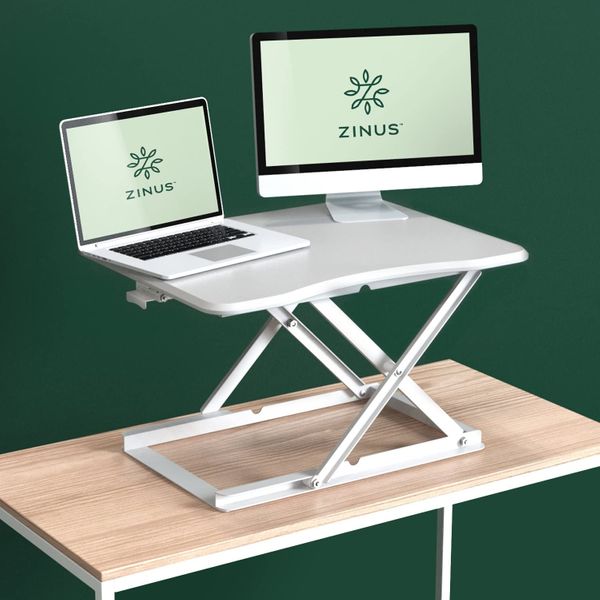 White - 81cm AirRise Pro Standing Desk Hub Sit Stand Desk Converter Adjustable to any height; Computer Workstations for Home and Office Use