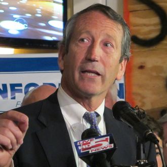 Former South Carolina Gov. Mark Sanford addresses supporters in Charleston, S.C., on Tuesday, March 19, 2013, after advancing to the GOP primary runoff in a race for a vacant South Carolina congressional seat. Sanford, trying to make a political comeback, was one of 16 Republicans running in Tuesday's primary. (AP Photo/Bruce Smith)