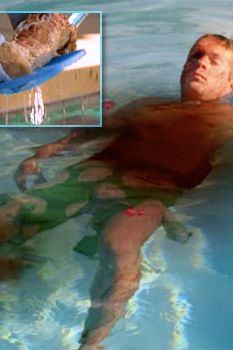 The Crime: A man gets eaten by an alligator that was lured into his swimming pool by a millionaire matchmaker/pimp. Gruesome Factor: 5. This body looks grosser in close-up: take a look at that foot being fished out of the pool at the top left.