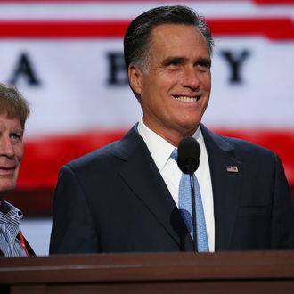 TAMPA, FL - AUGUST 30: Republican presidential candidate, former Massachusetts Gov. Mitt Romney (R) stands at the podium for a soundcheck with campaign adviser Stuart Stevens during the final day of the Republican National Convention at the Tampa Bay Times Forum on August 30, 2012 in Tampa, Florida. Former Massachusetts Gov. Mitt Romney was nominated as the Republican presidential candidate during the RNC which will conclude today. (Photo by Chip Somodevilla/Getty Images)