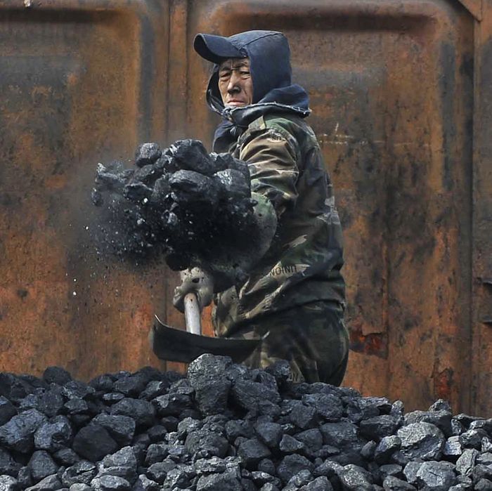 File photo of a worker unloading coal at a storage site along a railway station in Shenyang