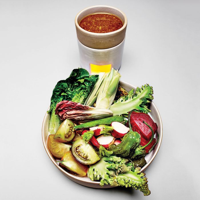 Bagna cauda comes with roasted and raw vegetables.