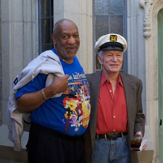 BEVERLY HILLS, CA - FEBRUARY 10: Bill Cosby and Hugh Hefner at The Playboy Mansion on February 10, 2011 in Beverly Hills, California. (Photo by Earl Gibson III/WireImage) *** Local Caption *** Bill Cosby;Hugh Hefner