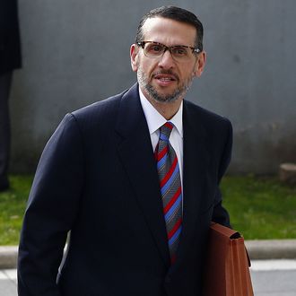 01 May 2015, Newark, New Jersey, USA --- David Wildstein, right, along with his attorney Alan Zegas, enter Martin Luther King Jr. Federal Courthouse in Newark, N.J. Friday, May 1, 2015. Wildstein, a former Port Authority appointee of New Jersey Gov. Chris Christie, is set to plead guilty on charges arising from a federal probe into traffic jams he ordered on the George Washington Bridge, allegedly on behalf of Christie. (AP Photo/Rich Schultz) --- Image by ? Rich Schultz/AP/Corbis