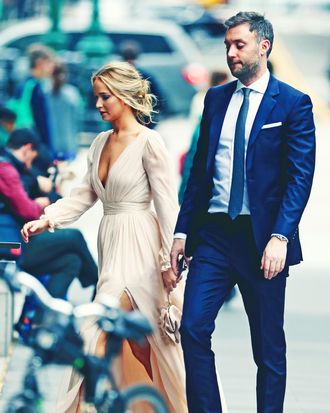 Jennifer Lawrence and Cooke Maroney outside their engagement party.