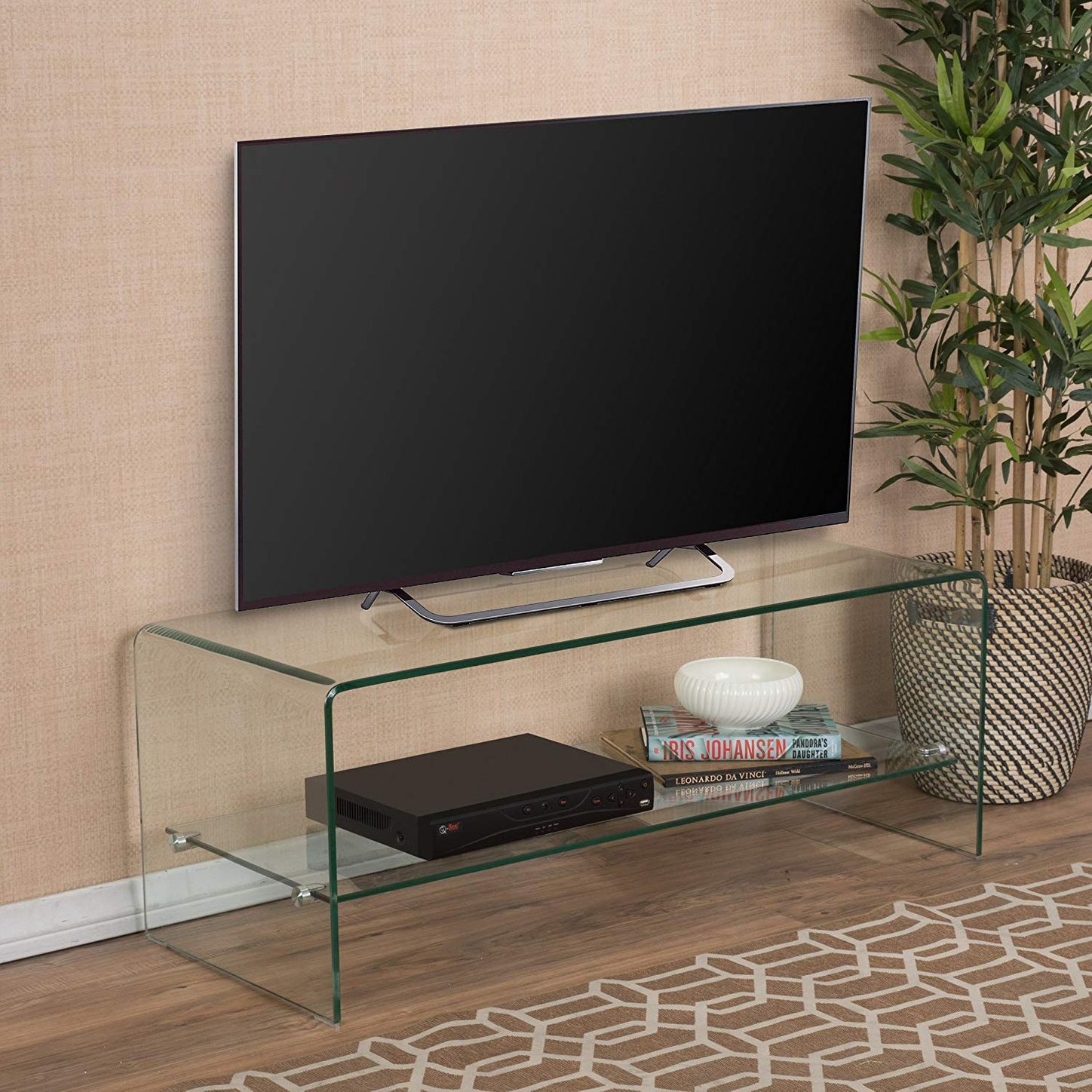 TV STAND MEDIA Table Small Entertainment Center Cabinet Black Glass TVs to 25" 