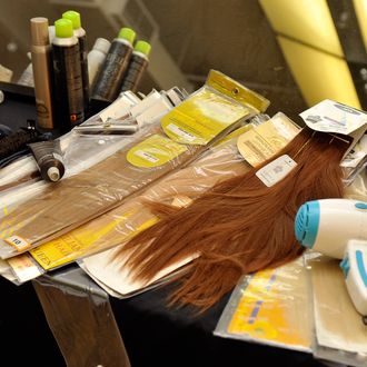 NEW YORK, NY - FEBRUARY 15: A view of a hair station with extensions laid out backstage at the Emu Australia fall 2012 fashion show during Style360 at Metropolitan Pavilion on February 15, 2012 in New York City. (Photo by Joe Corrigan/Getty Images)
