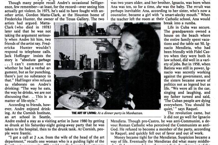 An excerpt from Joyce Wadler’s 1985 New York story about Carl Andre’s trial, including a photo of Mendieta taken in Manhattan when she was a rising star in the art world.